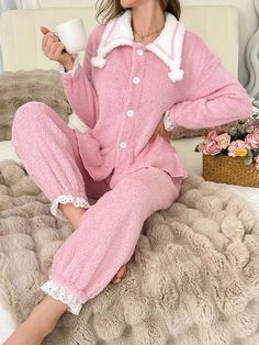 Star Decor Lace Trim Plush Pajamas Set For Women Pink Cute,Casual-Woman    Colorblock,Plain  Slight Stretch All,Fall/Winter Women Sleep & Lounge, size features are:Bust: ,Length: ,Sleeve Length: Fluffy Pijama, Plush Pajamas, Cozy Sleepwear, Star Decor, Christmas Pj, Pink Pajamas, Rose Bonbon, Loose Pullover, Women Pink