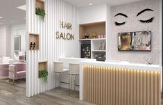 the interior of a salon with white walls and wooden floors