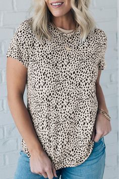 Apricot Animal Dot Print Crew Neck Plus Size T Shirt Polka Dot Cotton T-shirt With Short Sleeves, Cotton T-shirt With Polka Dot Pattern And Short Sleeves, Casual Leopard Print Crew Neck T-shirt, Spring Leopard Print Relaxed Fit Top, Cute Spring Tops With All Over Print, Leopard Print Relaxed Fit Top For Spring, Polka Dot Short Sleeve T-shirt For Spring, Cute Summer Tops In Leopard Print, Cute Leopard Print Summer Tops