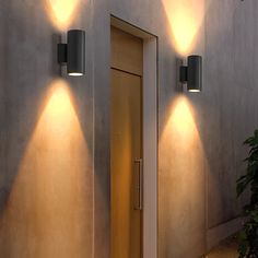 three lights are on the side of a wall next to a potted plant and door