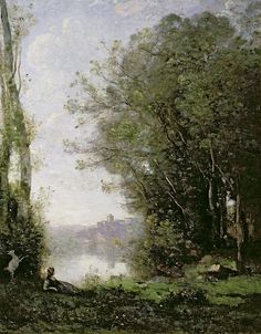 an old painting with trees and people in the background, near a body of water