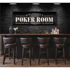 a bar with four stools in front of it and a sign that says bourbon's poker room