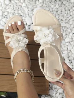 Beige  Collar   Plain  Embellished   Women Shoes Rustic Wedding Shoes, Shower Prizes, Beach Wedding Shoes, Holy Matrimony, Women Flat Sandals, Pretty Sandals, Casual Beach Wear, Nike Fashion Shoes