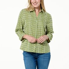 Jaclyn Smith Floral Eyelet Button-Up Top  Summer is sweeter in this button-front shirt, covered in all-over eyelets and floral embroidery for a breezy look and feel. Casual Button-up Blouse With Floral Embroidery, Cotton Button-up Blouse With Snap Buttons, Green Button-up Top With Floral Embroidery, Casual Floral Embroidery Tops With Spread Collar, Spring Blouse With Buttons In Relaxed Fit, Spring Blouse With Buttons And Relaxed Fit, Spring Relaxed Fit Blouse With Buttons, Spring Daywear Shirt With Button Closure, Spring Tops With Snap Buttons In Relaxed Fit