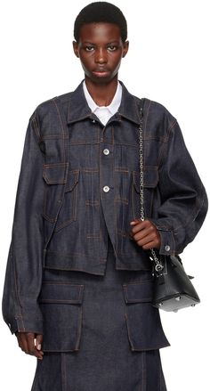 Non-stretch denim jacket. · Paneled construction · Spread collar · Button closure · Decorative flap pockets · Vented front and back hems · Single-button barrel cuffs · Adjustable button-tab at back waist · Contrast stitching in tan Supplier color: Indigo Junya Watanabe Denim, Cape Style, Wardrobe Edit, Oversized Denim Jacket, Junya Watanabe, Cropped Denim Jacket, Denim Jacket Women, Cropped Denim, Contrast Stitch