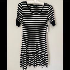 Nwt Ralph Lauren Stripe Dress Size S Casual Ralph Lauren Midi Dress For Spring, Ralph Lauren Casual Midi Dress For Spring, White Short Sleeve Ralph Lauren Dress, Ralph Lauren White Short Sleeve Dress, Casual Ralph Lauren Midi Dress, Ralph Lauren Fitted Midi Dress, Chic Black Ralph Lauren Dress, Navy Blue Dress Shirt, Color Block Shift Dress