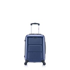 a blue suitcase with wheels on white background