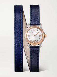 Chopard's 'Happy Sport' watch debuted in 1993 and has seen so many iterations since - while the straps and metal finishes may have changed, the technical finesse and impeccable craftsmanship remain the same. This version is made from stainless steel with 18-karat rose gold accents and has a blue leather 'double tour' strap that wraps twice around the wrist. Inside the satin-brushed sunburst dial holds five free-floating diamonds that move gently and catch the light with every wave of your hand.   For warranty information, please refer to details & care Elegant White Gold Watch With Leather Strap, Luxury Watch Accessories With Bracelet Strap And Round Dial, Luxury Jewelry With Leather Strap And Round Dial, Luxury Watch Accessories With Bracelet Strap, Luxury Everyday Watches With Bracelet Strap, Luxury Evening Watches With Bracelet Strap, Elegant Yellow Gold Watches With Leather Strap, Luxury Evening Watch With Bracelet Strap, Luxury Yellow Gold Watches With Leather Strap