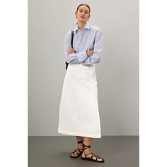 Off-white cotton (98% Cotton, 2% Elastane). Skirt. Front zipper fly with button closure. 32.5" from shoulder to hemline. Imported. Long Cotton Denim Skirt For Work, Chic White Denim Skirt For Work, Summer Button-up Denim Skirt For Work, Cotton Button-up Lined Skirt, White Cotton Skirt For Work, White Midi Skirt With Button Closure, Spring Cotton Button-up Denim Skirt, White Skirt With Button Closure For Work, Midi Denim Skirt