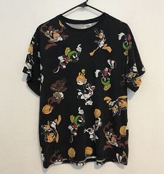 Space Jam Looney Tunes Tune Squad All Over Graphic Shirt Size Small/Med Bugs Taz | eBay Vintage Crew Neck Shirt With Cartoon Print, Vintage Black T-shirt With Cartoon Print, Vintage Black Top With Cartoon Print, Tune Squad, Marvin The Martian, Space Jam, Men's Clothes, The Martian, Graphic Shirt