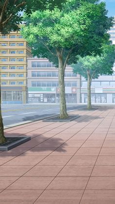 an anime scene with trees and buildings in the background