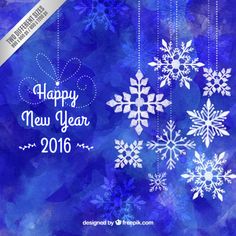 a blue and white christmas card with snowflakes hanging from it's sides