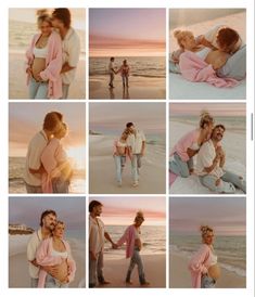 multiple pictures of people on the beach with one woman holding her pregnant baby bumping