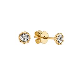 Swanky and sophisticated go hand in hand with these posh fashion stud earrings crafted in quality 14 karat yellow gold with a polished finish. Two round white sapphires  at approximately .33 carat total weight  add abundant sparkle to the 3.5mm design. Elegant Yellow Gold Halo Earrings, Luxury 14k Gold Halo Earrings, 14k Gold Earrings With Halo Design In Yellow Gold, 14k Gold Earrings With Halo Design, Gold Halo Design Earrings In 14k Gold, 14k Yellow Gold Halo Earrings, 14k Yellow Gold Halo Design Earrings, Gold Plated Brilliant Cut Diamond Earrings For Anniversary, Yellow Gold Halo Design Earrings Gift