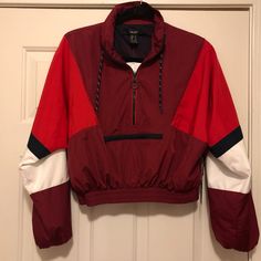 Forever 21 Red Windbreaker Crop Pullover Jacket Half Zip Size Small Shell And Lining:100% Polyester New With Tags Plus Size 90s, Long Quilted Coat, Pink Fur Coat, Black Hooded Jacket, Red Windbreaker, Black Jean Jacket, Crop Pullover, Cropped Puffer Jacket, Camouflage Jacket