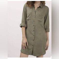 Thread & Supply Better Days Shirt Dress The Perfect Go To Button Down Shirt Dress With Side Pockets. Olive Size Small New Without Tags 100% Lyocell Casual Button-up Shirt Dress With Rolled Sleeves, Button-up Mini Dress With Pockets For Daywear, Green Relaxed Fit Shirt Dress For Work, Casual Collared Shirt Dress With Button Closure, Casual Collared Dress With Roll-up Sleeves, Green Long Sleeve Relaxed Fit Shirt Dress, Relaxed Fit Long Sleeve Dress With Roll-up Sleeves, Relaxed Fit Button-up Dress With Rolled Sleeves, Spring Button-up Dress With Rolled Sleeves