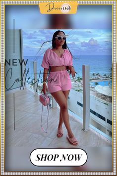 Short Puff Sleeve Crop Top Shorts Two Piece Set Pink Short Sets For Day Out, Short Pink Sets For Day Out, Crop Top Shorts, 2 Piece Sets, Short Puff Sleeve, Puff Sleeve Crop Top, Crop Top And Shorts, Short Suit, Two Piece Sets