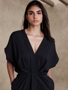 Mari Draped Crepe Dress | Banana Republic V-neck Dress With Ruched Bodice For Daywear, V-neck Midi Dress With Ruched Bodice For Work, Formal V-neck Midi Dress With Gathered Waist, Formal Midi Dress With V-neck And Gathered Waist, Pre-draped V-neck Dress For Date Night, V-neck Dress With Draped Sleeves For Work, Formal V-neck Dress With Gathered Waist, Chic V-neck Twist Front Dress, Daywear Dress With Ruched Bodice And V-neck