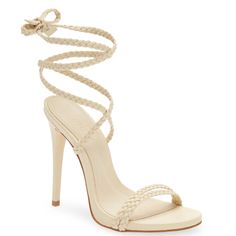 Nib Schutz Jada Braided Ankle Tie Sandal Egg Shell, Size 9 Summer Lace-up Sandals With 4-inch Heel And Ankle Strap, Elegant High Heel Lace-up Sandals For Vacation, Summer Ankle Wrap Heels With 4-inch Heel, Chic Lace-up Sandals With Wrapped Heel And Ankle Wrap, Elegant Lace-up Ankle Wrap Sandals For Spring, Chic Lace-up Sandals With 4-inch Heel For Summer, Beige Leather Ankle Strap Lace-up Sandals, Elegant Beige Lace-up Sandals For Beach, Chic Sandals With Wrapped Heel And Ankle Tie