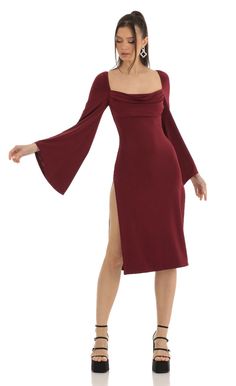 Flare Sleeve Midi Dress in Red | LUCY IN THE SKY Fav Outfit, Red Dress Sleeves, Active Wear Dresses, Wrap Dress Long Sleeve, Dark Red Dresses, Red Silk Dress, Wine Dress, Maxi Romper, Lucy In The Sky