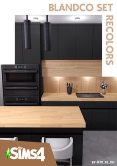 an image of a kitchen setting with black cabinets and wood counter tops on the island