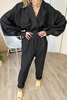 Linen Button Pockets Bat Jackets Pants Set Long Sleeve Suit, Two Piece Jumpsuit, Autumn 2022, Two Piece Pants Set, Blouse Pants, Chic Casual, Turndown Collar, Pocket Top, Linen Trousers