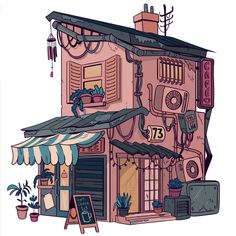 a drawing of a pink house with an awning