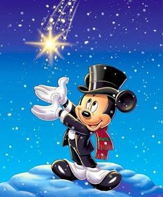 the mickey mouse is flying in the sky with his hat on and arms outstretched out