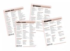 four different types of food menus on a white background with black and pink lettering