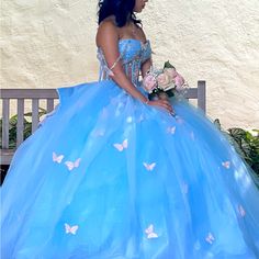 Beautiful Quinceanera, Baby Blue Dress With Rose, Gold, Peach Tone, Butterflies, Hint Of Silver All Over The Dress Amazing Gown One-Of-A-Kind It's Considered A One Size Because It's A Corset Top Pictures Do You Know Justice Worn For Pictures And Birthday Party Small Tear On One Of The Sheer Lace Can Be Fixed Can Send More Pictures Still In Amazing Condition Paid Over 5600 But I Am Willing To Work Out Reasonable Pricing Can Also Add Crowns And Bouquet. Also Shoes If Needed Let Me Know If You Would Like More Close-Up Pictures. The Bow In The Back Is Removable. Open To Reasonable Prices. Pale Blue Quinceanera Dress, Birthday Party Small, Xv Dresses, Top Pictures, Baby Blue Dress, Quinceanera Dresses Blue, Baby Blue Dresses, Quinceanera Dress, Close Up Pictures