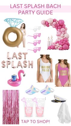 pink and gold bachelor party supplies including balloons, hats, eyeglasses, bikinisuits