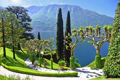 people are walking around in the park near trees and water with mountains in the background