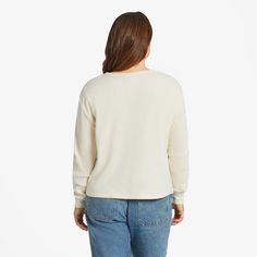 Our Thermal Henley is made for crisp days when you need ultimate cozy perfection. Please note: After washing, this garment will shrink to the cool, cropped length you know and love from our Boxy Tees. 96% Cotton, 4% Spandex 7.23 oz. Thermal waffle knit - washed for extra softness Relaxed boxy fit with a slight dropped shoulder Cotton/spandex rib neckband and cuffs keep their shape Three button placket with jersey inside Faux horn buttons Imported | Life is Good Women's Solid Boxy Thermal Henley Comfortable Cream Tops For Fall, Casual Winter White Cropped Soft Knit Sweater, Casual Soft Knit Cropped Sweater In Winter White, Casual Crew Neck Cropped Sweater In Winter White, Casual Winter White Crew Neck Cropped Sweater, Beige Cropped Sweater For Loungewear, Casual Cropped Cream Sweater, Casual Cream Crew Neck Cropped Sweater, Casual Cream Cropped Crew Neck Sweater