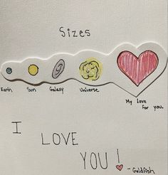 a piece of paper that has some writing on it with images of planets and hearts