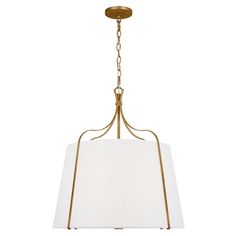 a brass chandelier with a white shade hanging from the front and back end