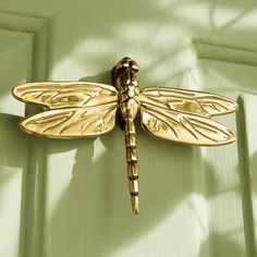 a gold dragonfly mounted on the side of a green door