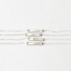 The smallest of our bar necklaces, perfect for everyday wear. Favorite personalized options for this dainty bar size are a name, date or initials. Dental Floss, Phone Apps, Rose Gold Necklace, Bar Necklace, Real Gold, Gold Material, Gold Vermeil, Gold Filled, Arrow Necklace