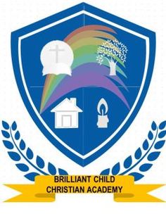 the brilliant child christian academy logo is shown in blue and yellow with an orange ribbon around it