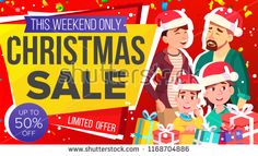 christmas sale banner with family and presents on red background - shutterstocker stock photos, royalty