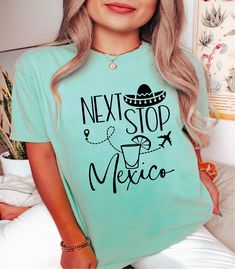 "Mexico Vacations shirts for families, Bachelorette party or any celebration. Description: Pick Between a T-Shirt, V-neck or Tank Top from the drop-down. Select the text on shirt from the next drop down . Last type the color of the shirt. If you would like something different please use the custom text from the drop down. Our Best Selling Shirts, now come in a variety of different styles and saying options! Matching t-shirts/tank tops are a must have for any bachelorette party and bridal party g Mexico Squad Shirts, Mexico Vacation Shirts, Mexico Girls Trip, Mexico Shirt, Bridesmaid Tank Tops, Cruise Ideas, Kids Onesies, Mexico Vacation, Next Stop