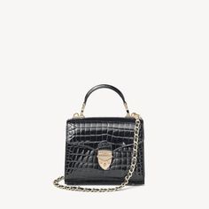 Mini Mayfair Bag in Black Patent Croc | Aspinal of London London Bags, Croc Print, Aspinal Of London, Black Suede Heels, Mini Handbags, Small Purse, Large Bag, Suede Heels, Kate Middleton