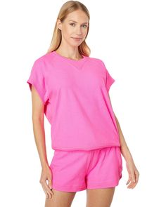 P.J. Salvage Take Me To Tulum Terry Short Sleeve Sweatshirt | 6pm Spring Raglan Sleeve T-shirt For Loungewear, Sporty V-neck Tops For Loungewear, Relaxed Fit Tops With Shirttail Hem For Loungewear, Relaxed Short Sleeve Tops For Relaxation, Short Sleeve Athleisure Tops For Relaxation, Casual Short Sleeve Relaxed Top, Pink V-neck Athleisure Top, Short Sleeve Sweatshirt For Loungewear, Short Sleeve Athleisure Sweatshirt For Loungewear