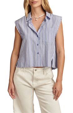 Whether worn alone or as part of a layered look, this button-front sleeveless top is a sophisticated closet staple. Front button closure Spread collar Sleeveless Chest patch pocket 100% cotton Machine wash, tumble dry Imported Chic Button-up Cotton Tank Top, Chic Cotton Button-up Tank Top, Everyday Sleeveless Tops With Buttons, Sleeveless Tops With Buttons For Everyday, Layered Look, Blue Stripes, Patch Pocket, Lucky Brand, Sleeveless Top