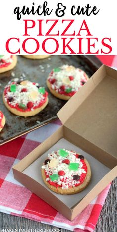 homemade quick and cute pizza cookies in a box on a red checkered tablecloth