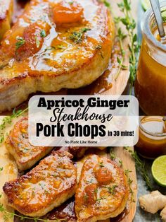 an image of pork chops on a cutting board with honey and ginger in the background