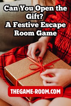 a woman holding a present box with the words can you open the gift? a festive escape room game