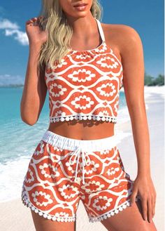 Color:Orange;Size:M;Size:L;Size:XL;Size:XXL;Bra Style:Padded;Support:Wire Free;Pad Style:Removable;Strap Style:Adjustable;Package Contents:1 X Bra , 1 X Shorts;Occasion:Sport;Style:Tribal; Beach Ware, Lovely Tops, Midi Dress Sleeveless, Bra Styles, Swimwear Fashion, Women Swimsuits, Summer Fashion, High Waisted, Orange