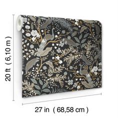 a wall hanging with birds and flowers on it, next to the measurements for each piece