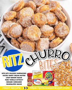 an advertisement for ritz churro bites with powdered sugar on top and other snacks in the background