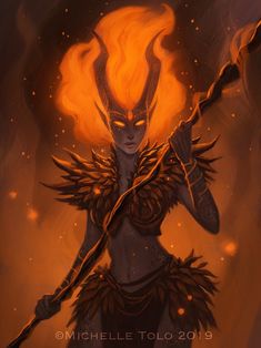 a painting of a demon holding a staff with flames on it's face and arms